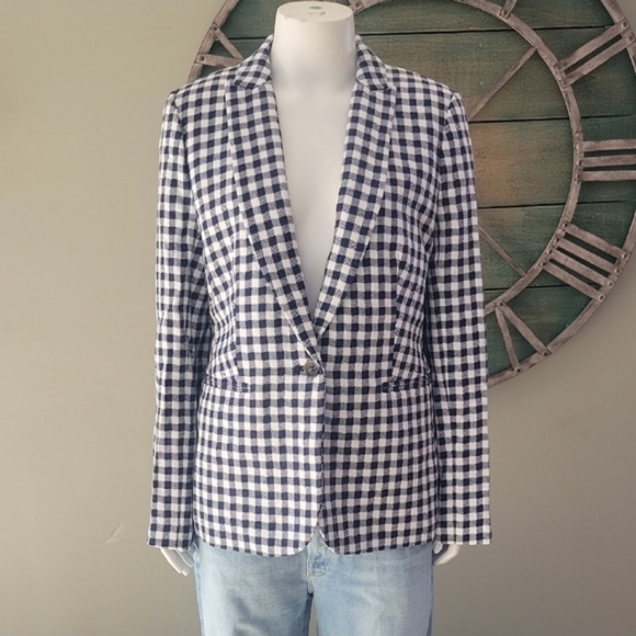 J. Crew Factory Linen Blend Navy And White Gingham Single Button Blazer - Picture 2 of 11